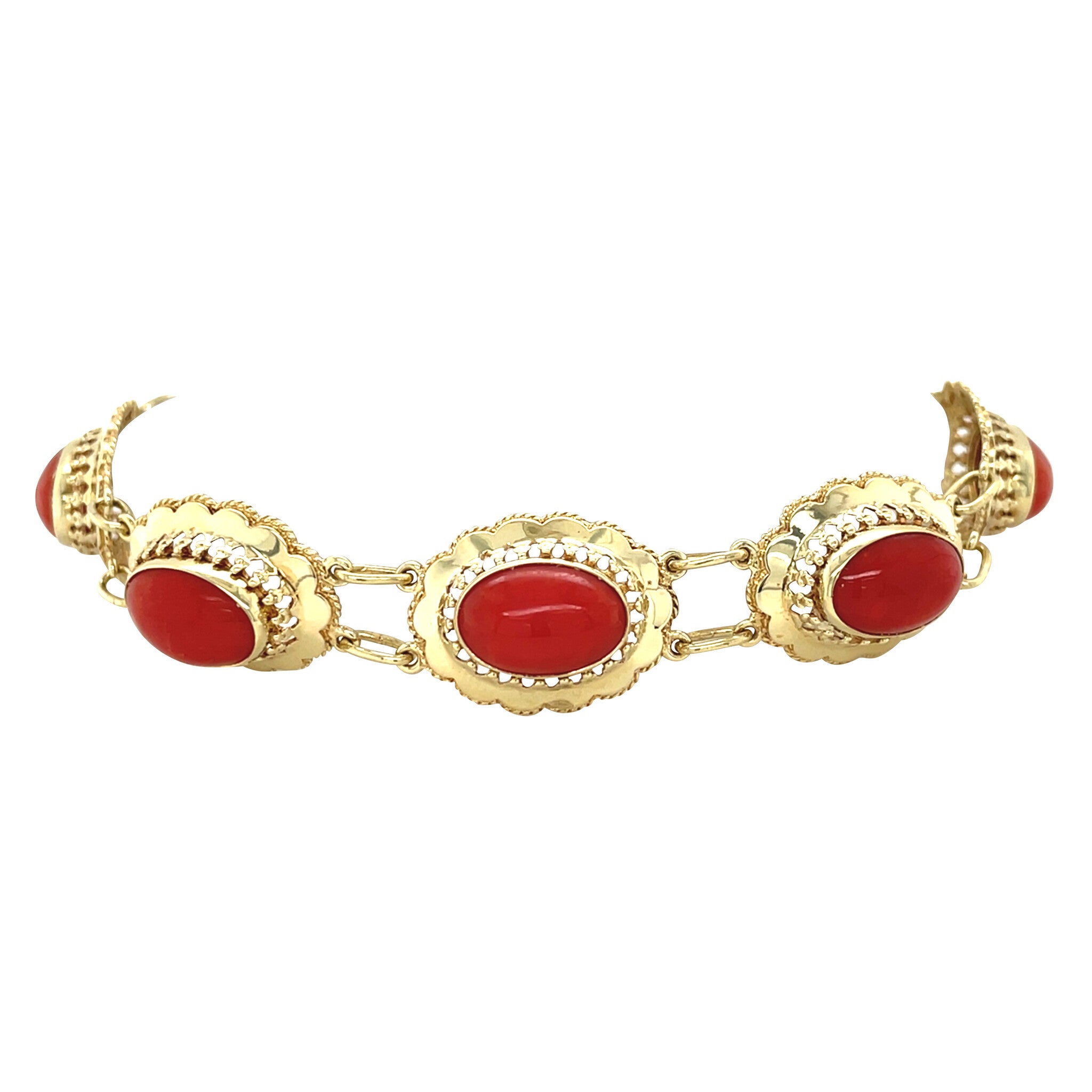 Gouden vintage bootjes armband met bloedkoraal 14 kt