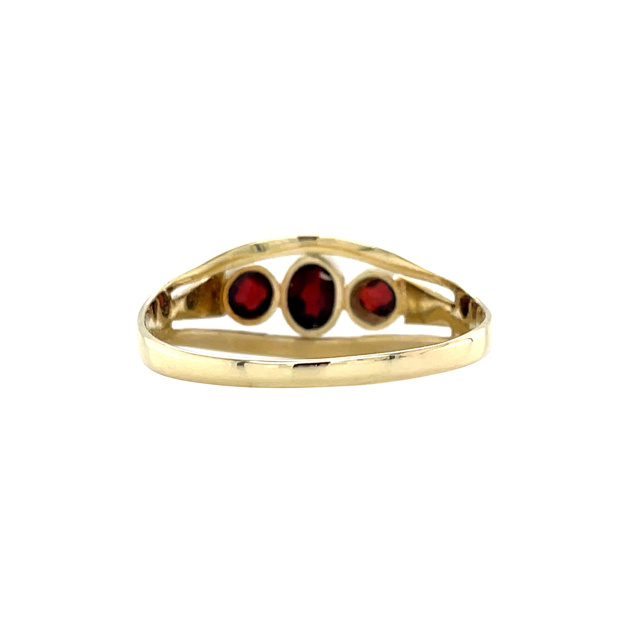 Gouden vintage trigolie ring met granaat 14 kt