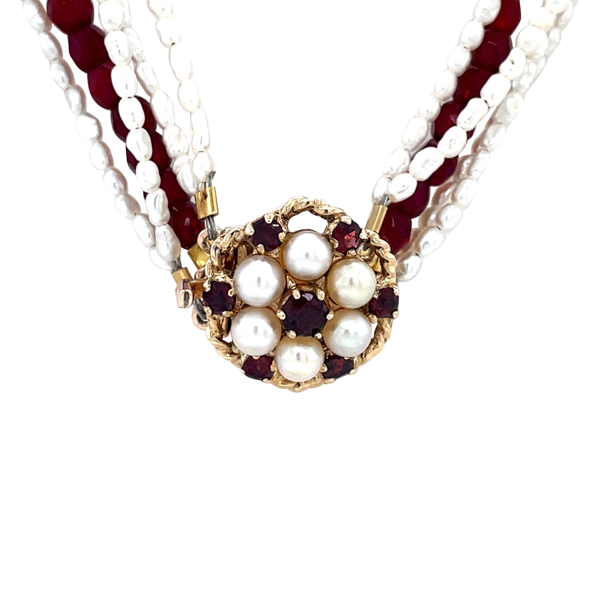 Vintage parel en kleursteen collier met dubbele entourage siersluiting met granaat en parel 9 krt