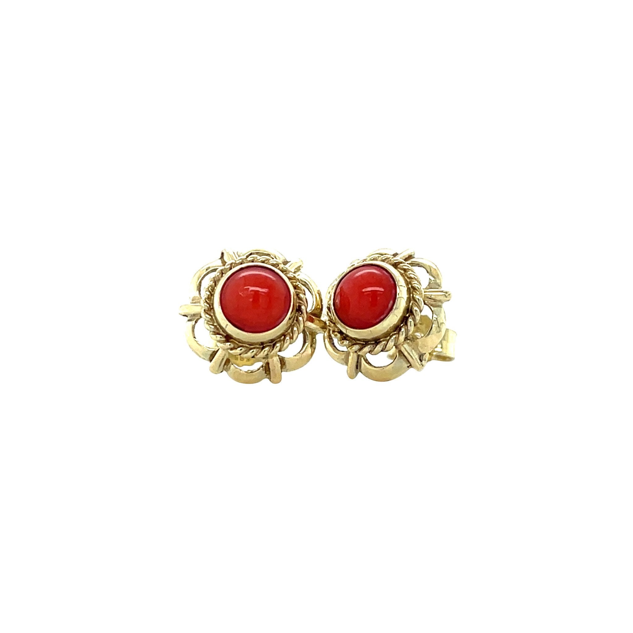 Vintage gold stud earrings with blood coral, 14 kt