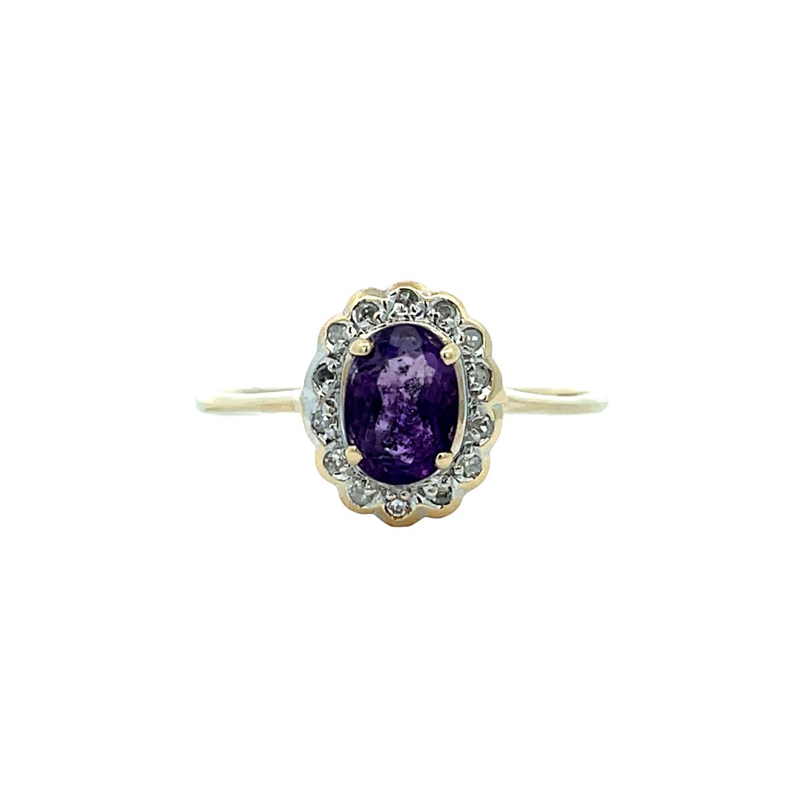 Vintage entourage ring met amethist en diamant 9 kt