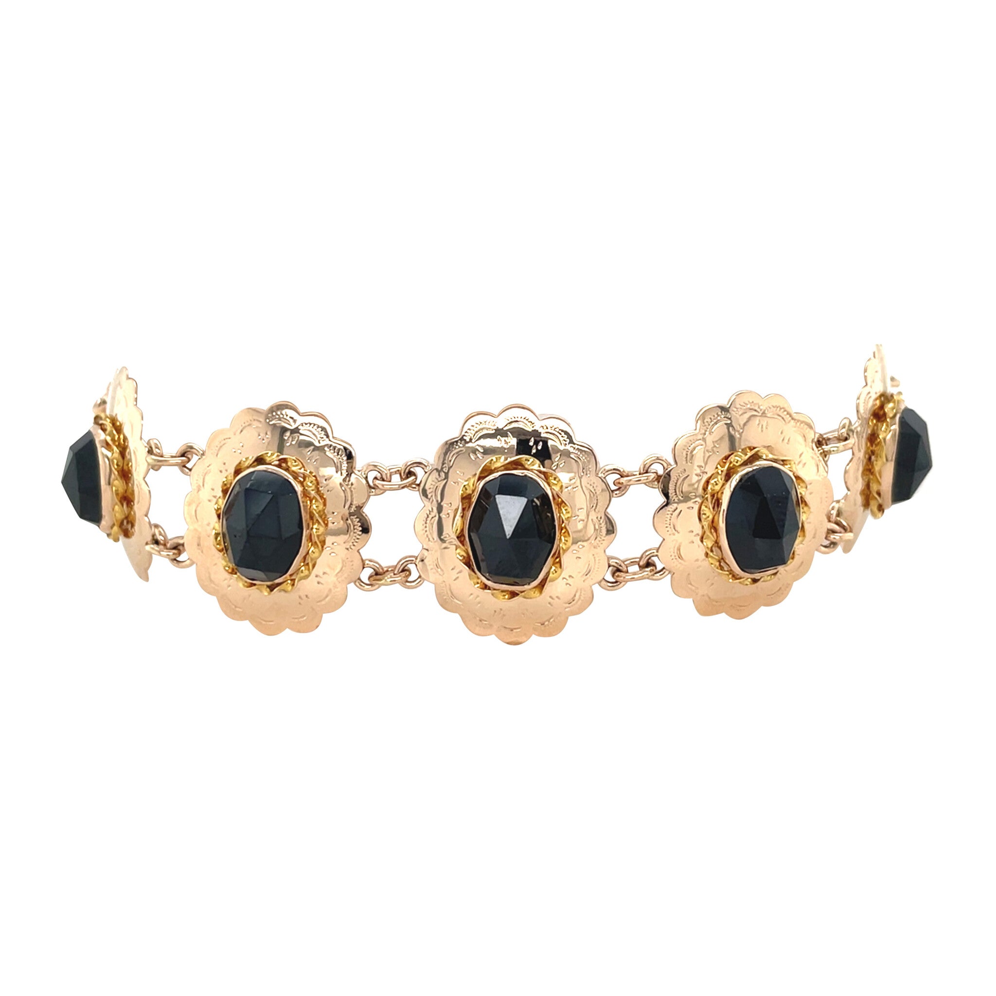 Gouden vintage bootjes armband met granaat 14 kt