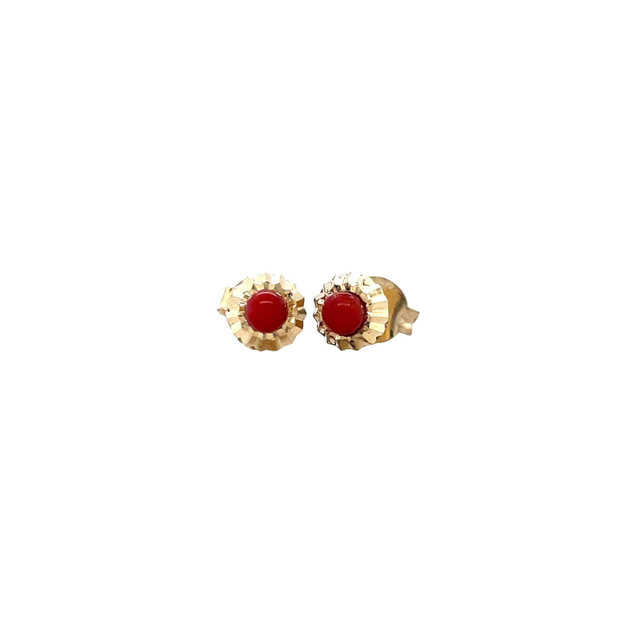Gold solitaire stud earrings with blood coral 14 ct
