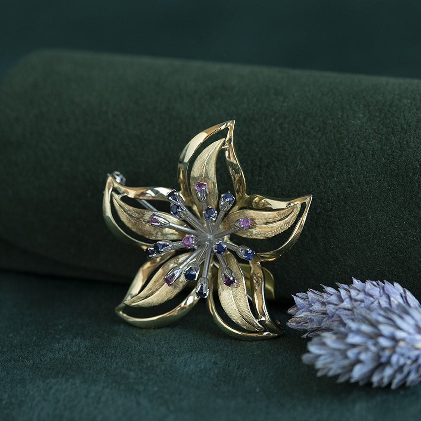 Gouden vintage broche met saffier en robijn 18 krt