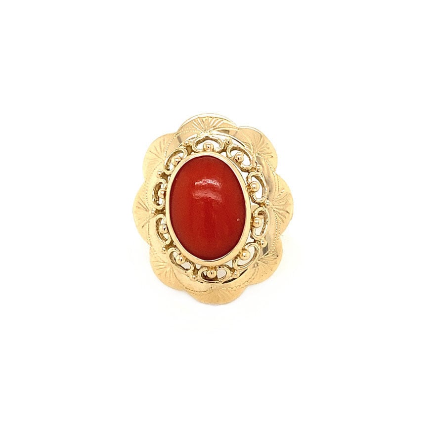 Gold ring with blood coral, 14 kt