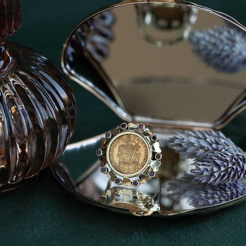 Gold vintage coin ring with ruby, 14 kt