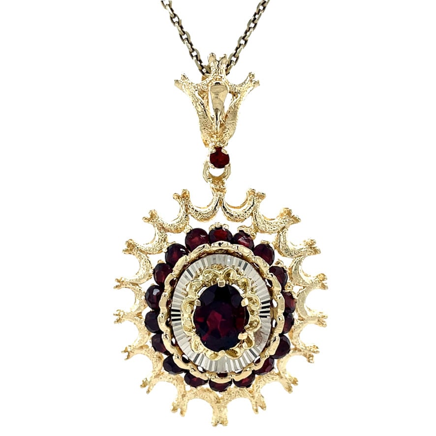Gouden vintage entourage hanger met granaat 14 krt
