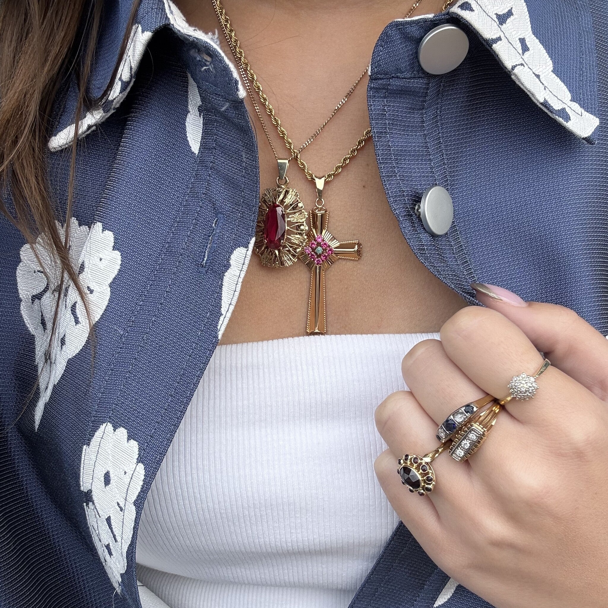 Vintage gold cross pendant with ruby and turquoise, 18 kt