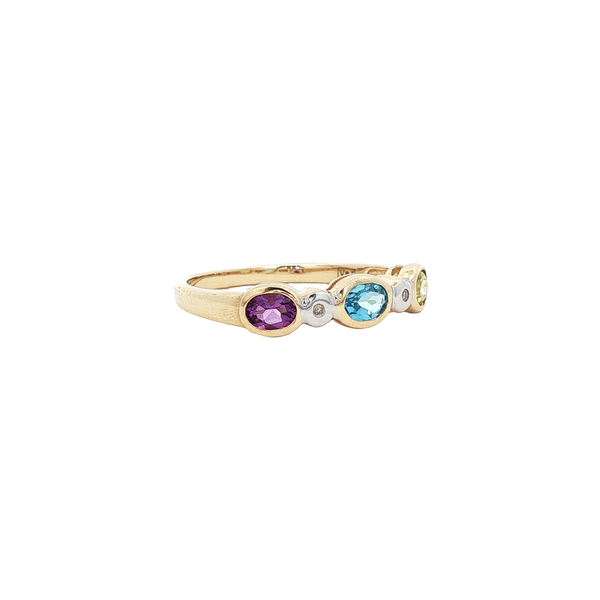 Ring met topaas, amethist, peridoot en diamant 9 kt