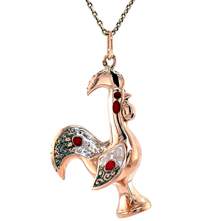 Roségouden vintage haan hanger met emaille 18 krt