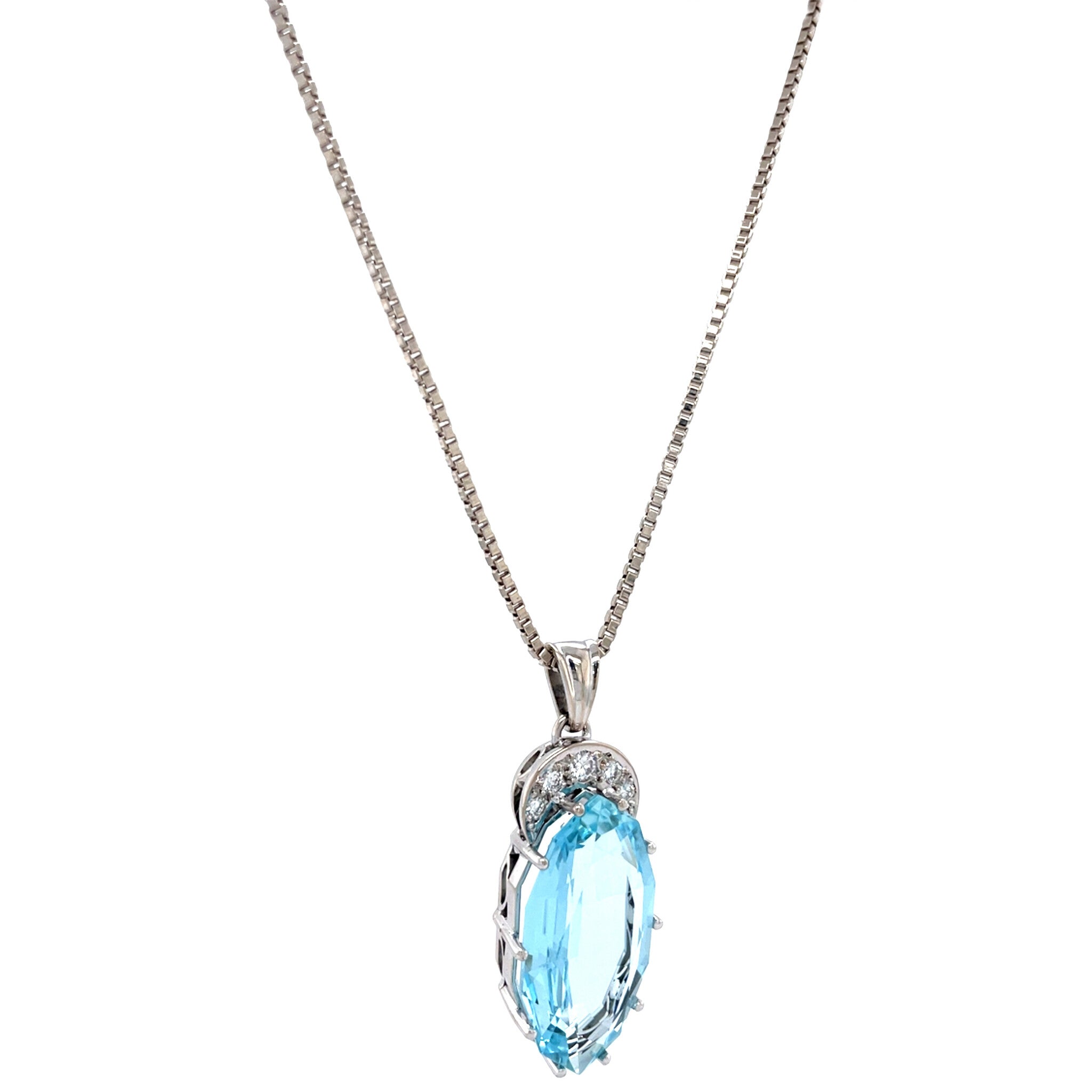 White gold vintage Venetian necklace with pendant with aquamarine and diamond 14 kt