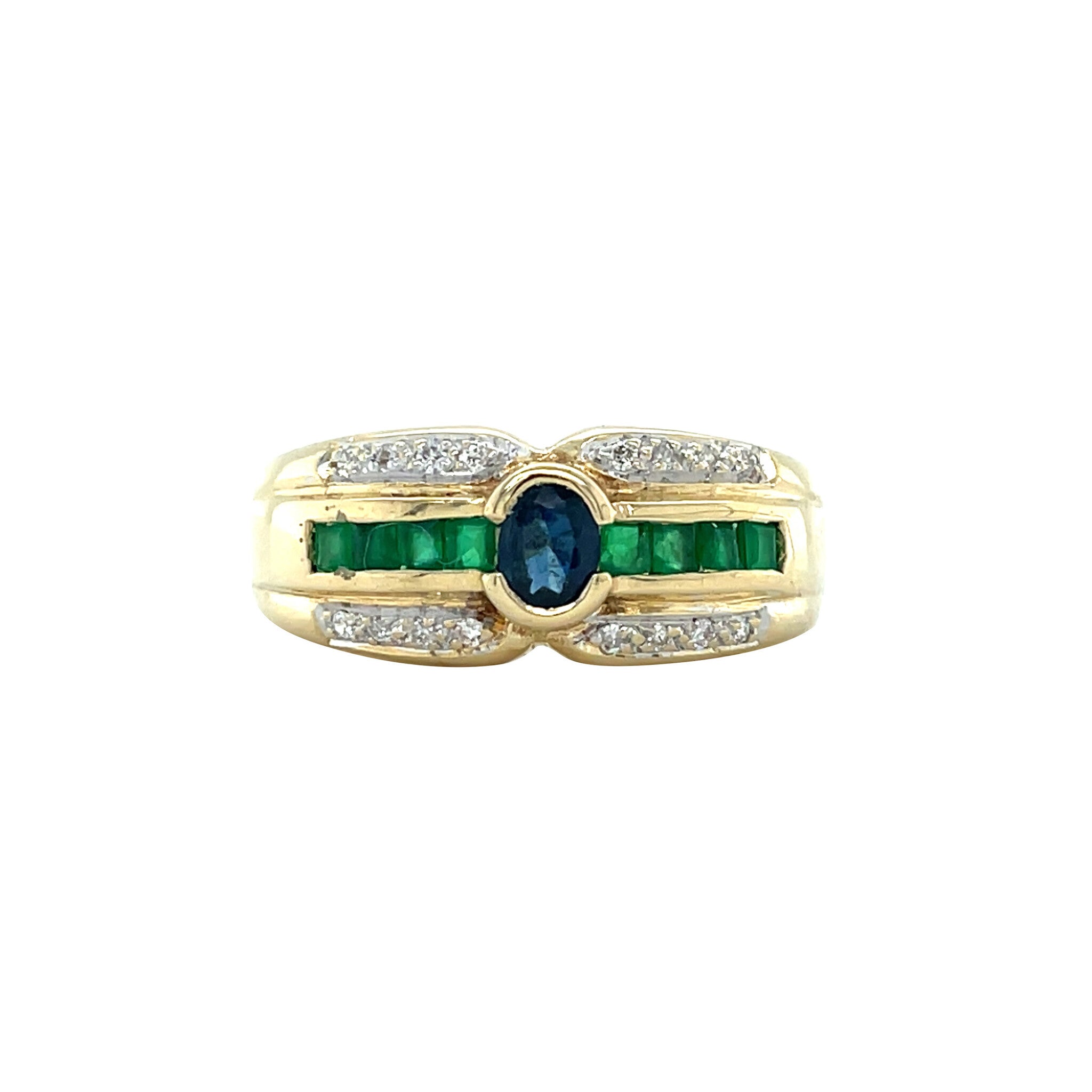 Vintage gold ring with emerald, sapphire and diamond, 14 kt