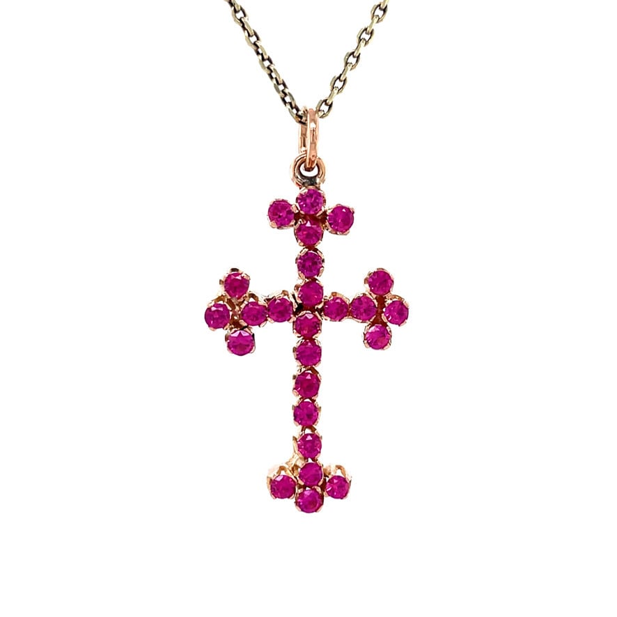 18 kt rose-gold vintage cross pendant with ruby
