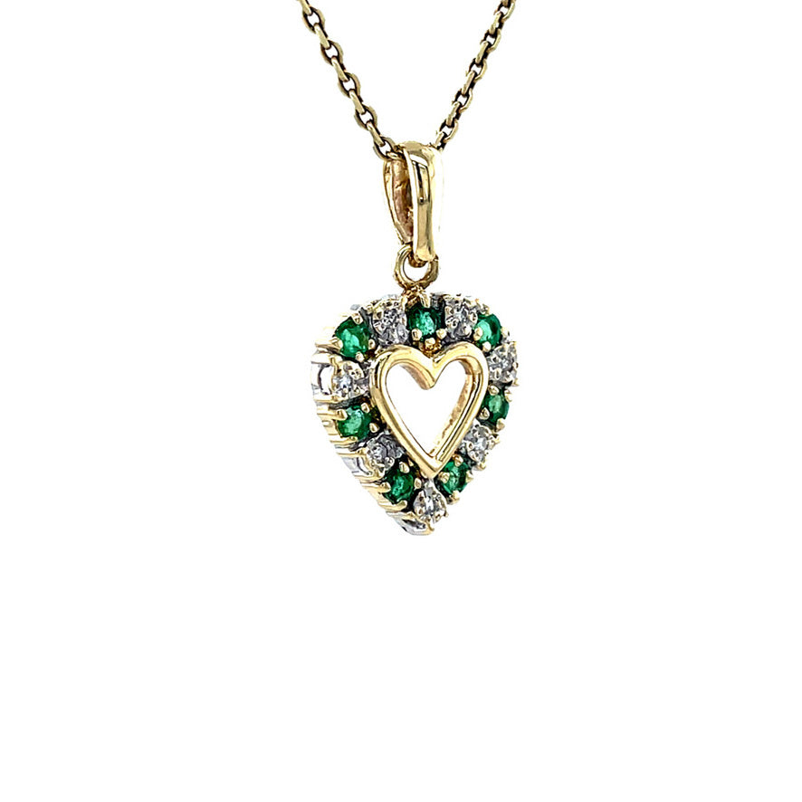 Gouden vintage hart hanger met smaragd en diamant 14 krt
