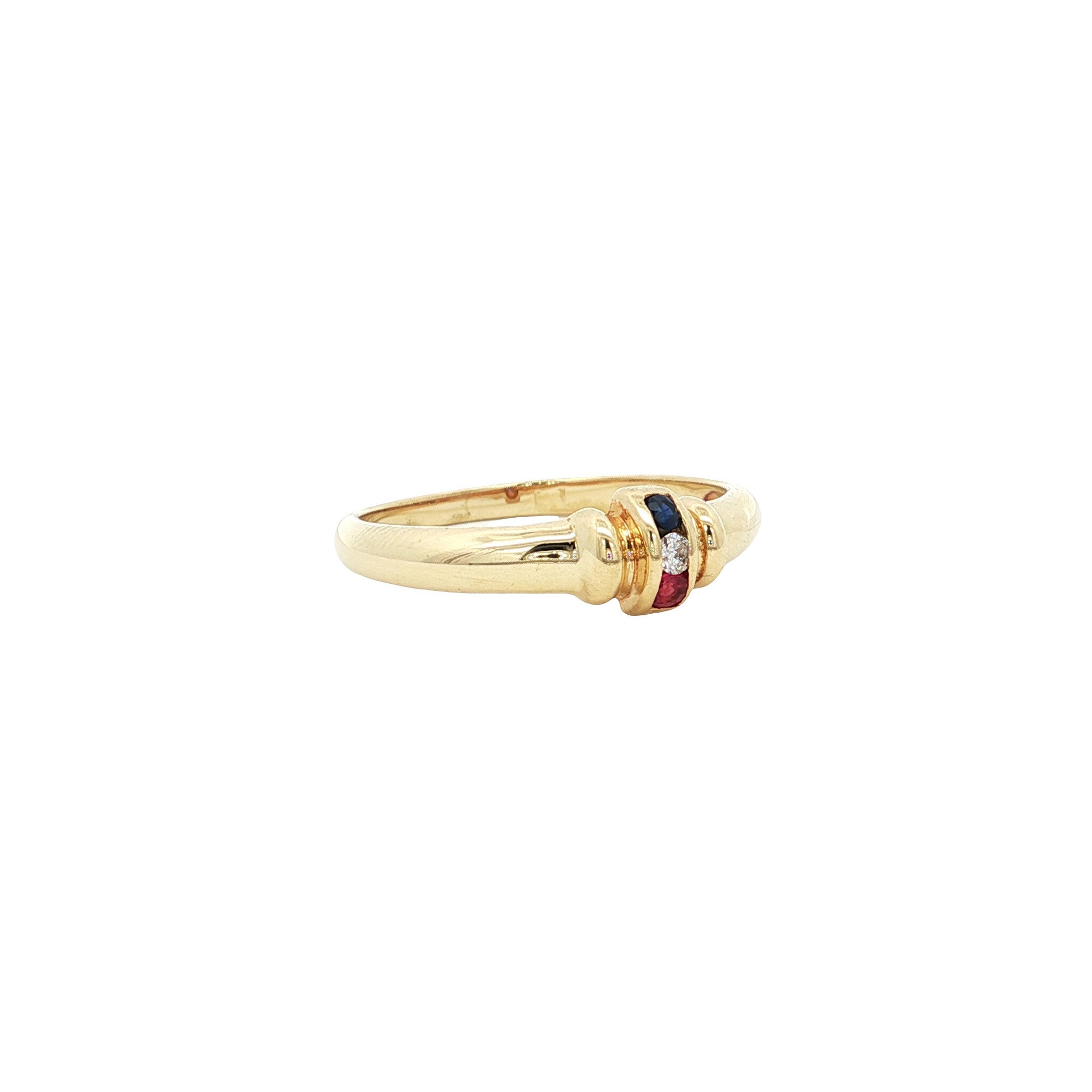 Gold vintage ring with ruby, sapphire and diamond 14 kt