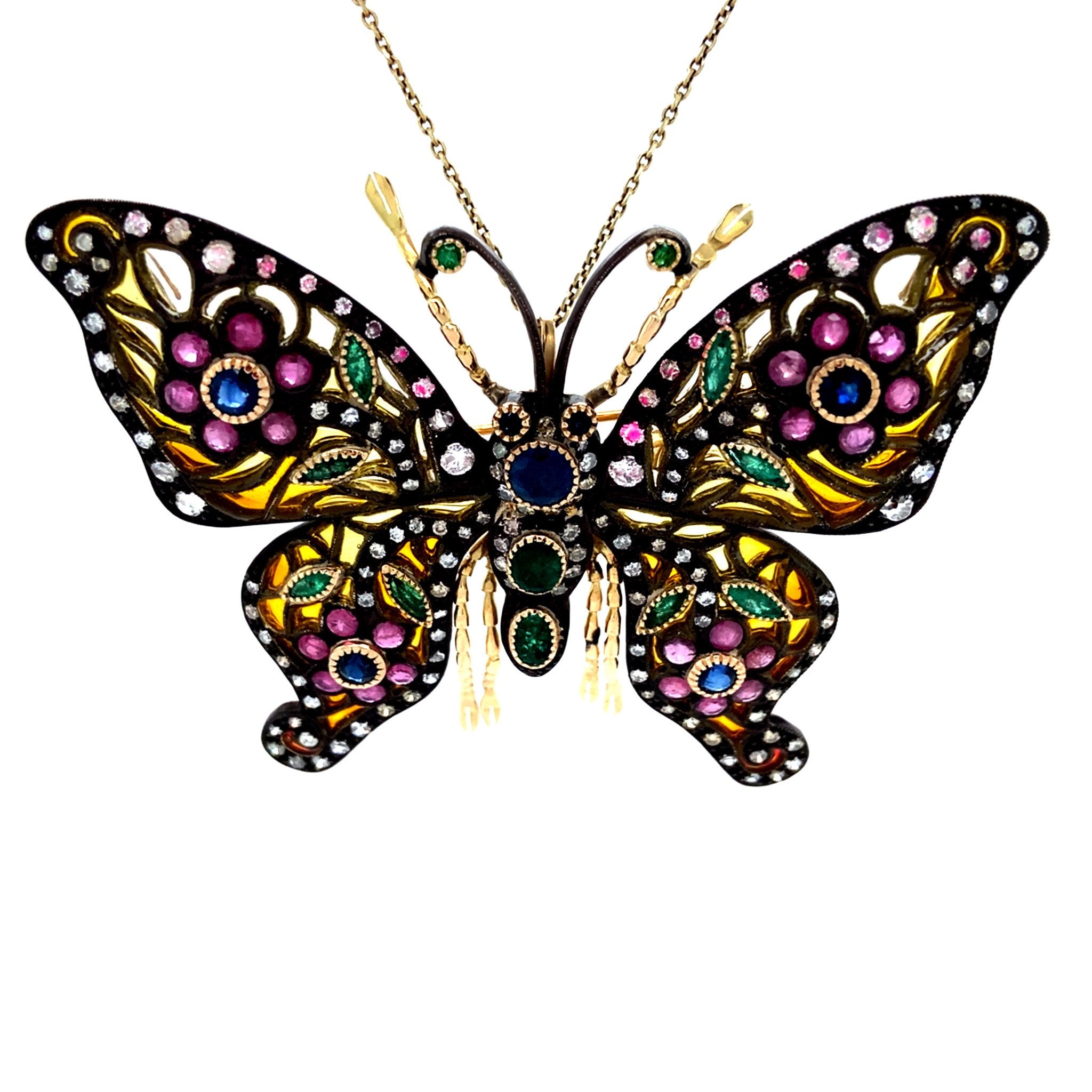 Gouden hanger met saffier, smaragd, robijn, emaille en diamant 14 krt/925