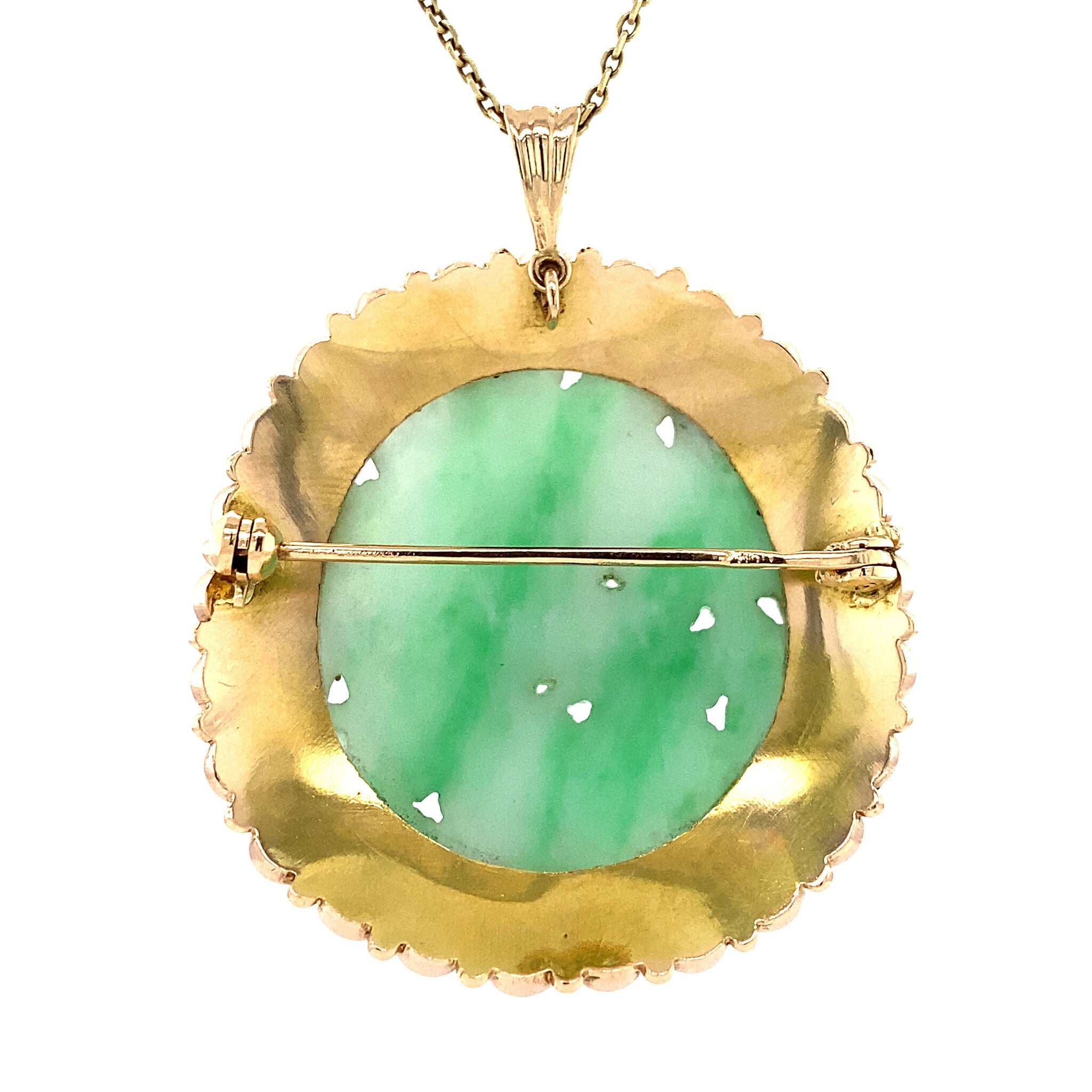 Gold pendant/brooch with jade and pearl 14 krt