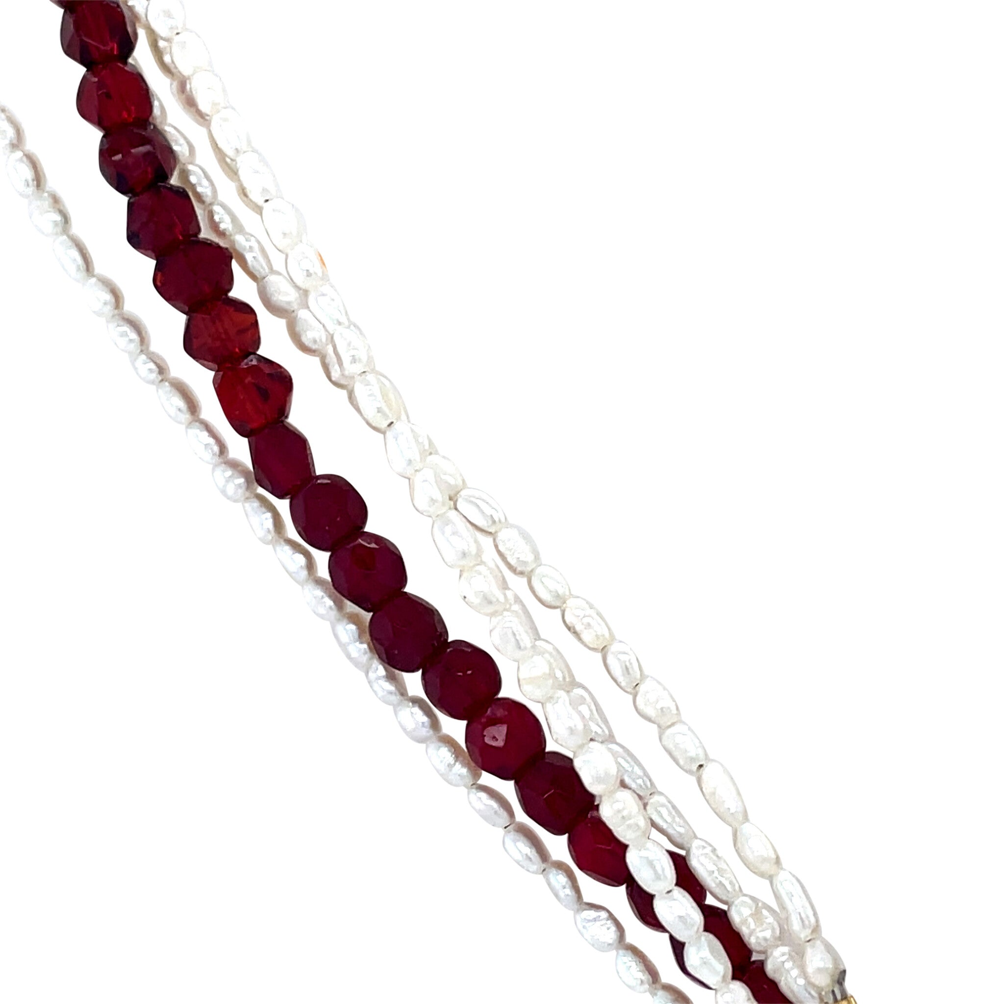 Vintage parel en kleursteen collier met dubbele entourage siersluiting met granaat en parel 9 krt