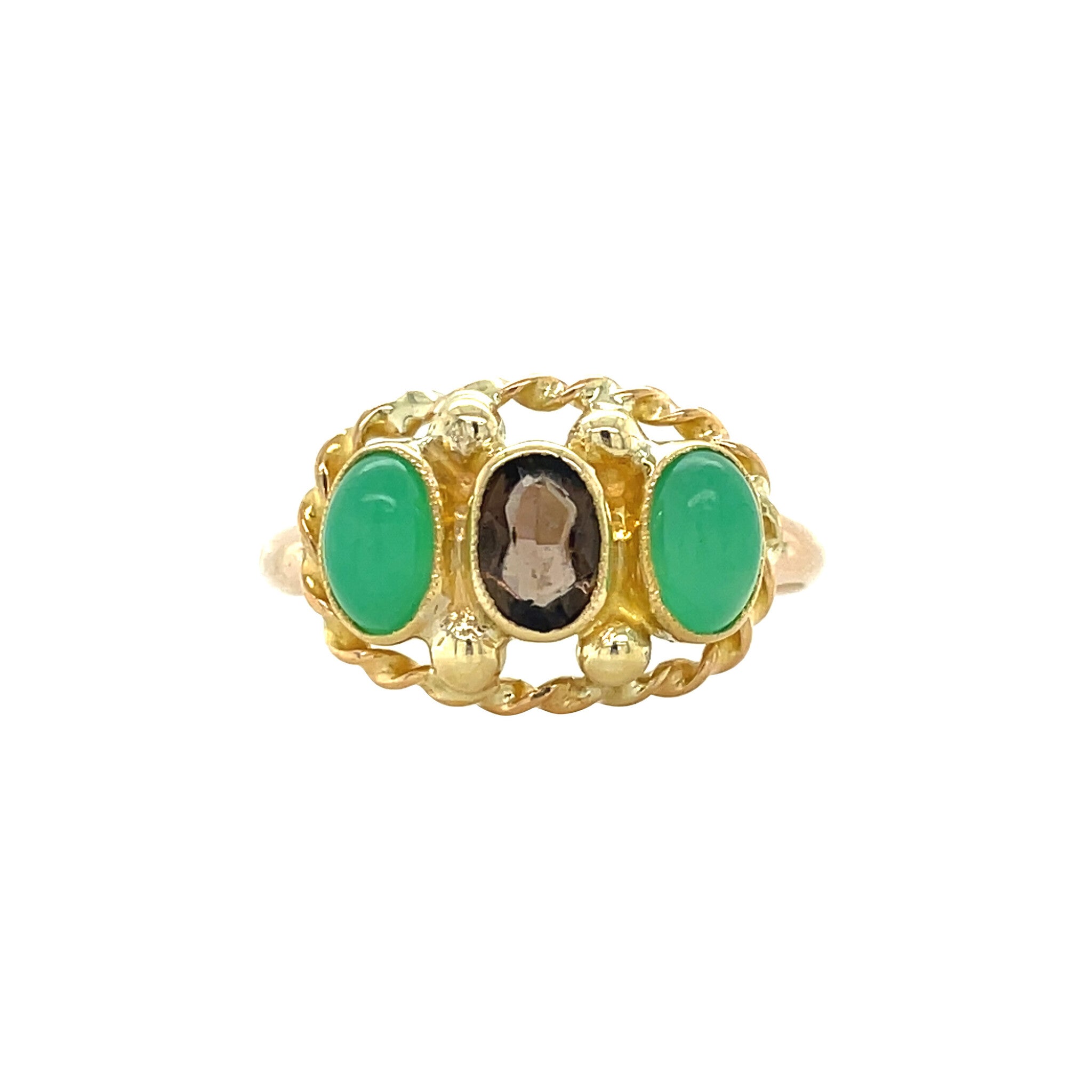 Vintage trigolie ring met rookkwarts en chrysopraas 10 kt