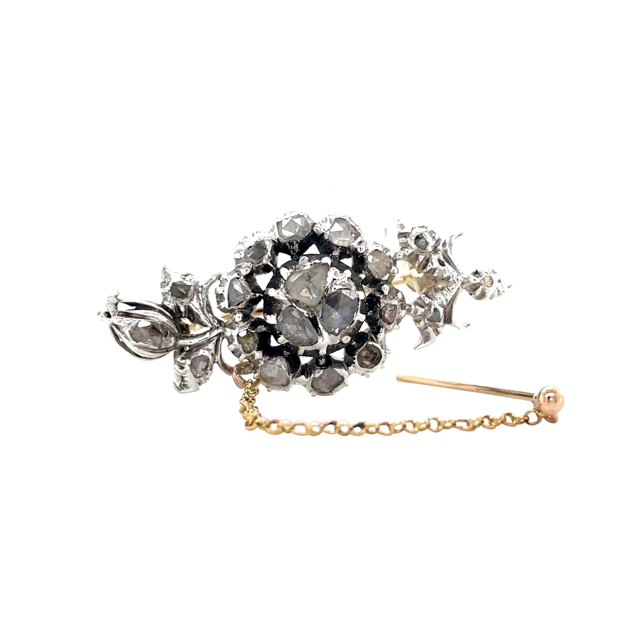 Gouden vintage entourage broche met roosdiamant 14 krt/925