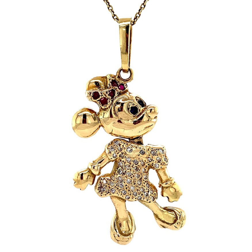 Gouden Minnie Mouse hanger met robijn, saffier en diamant 14 krt