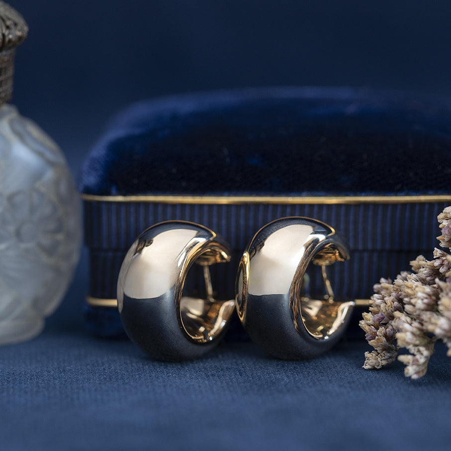Vintage rose-gold smooth hoop earrings, 14 kt