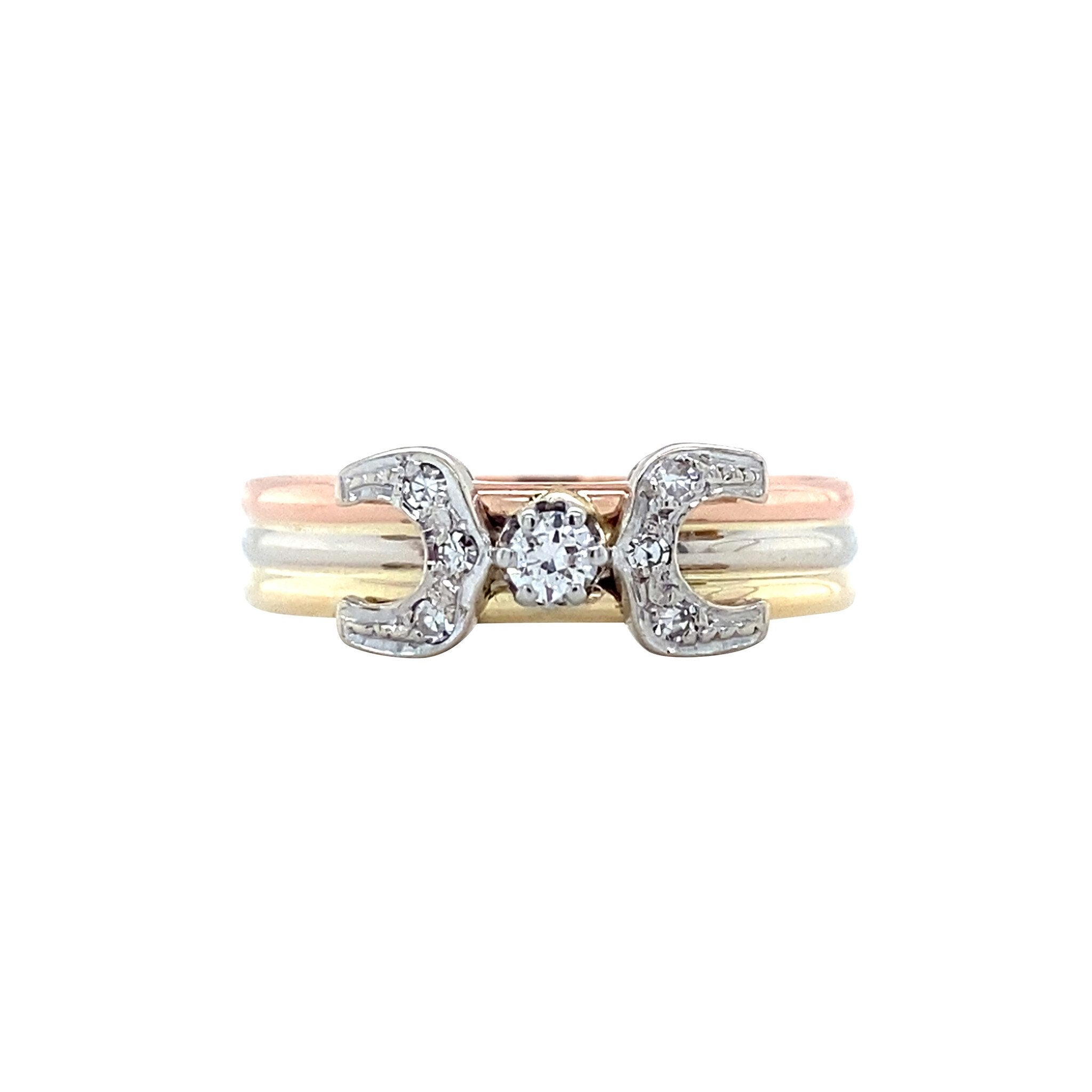 Vintage tricolour gold ring with diamond, 14 kt