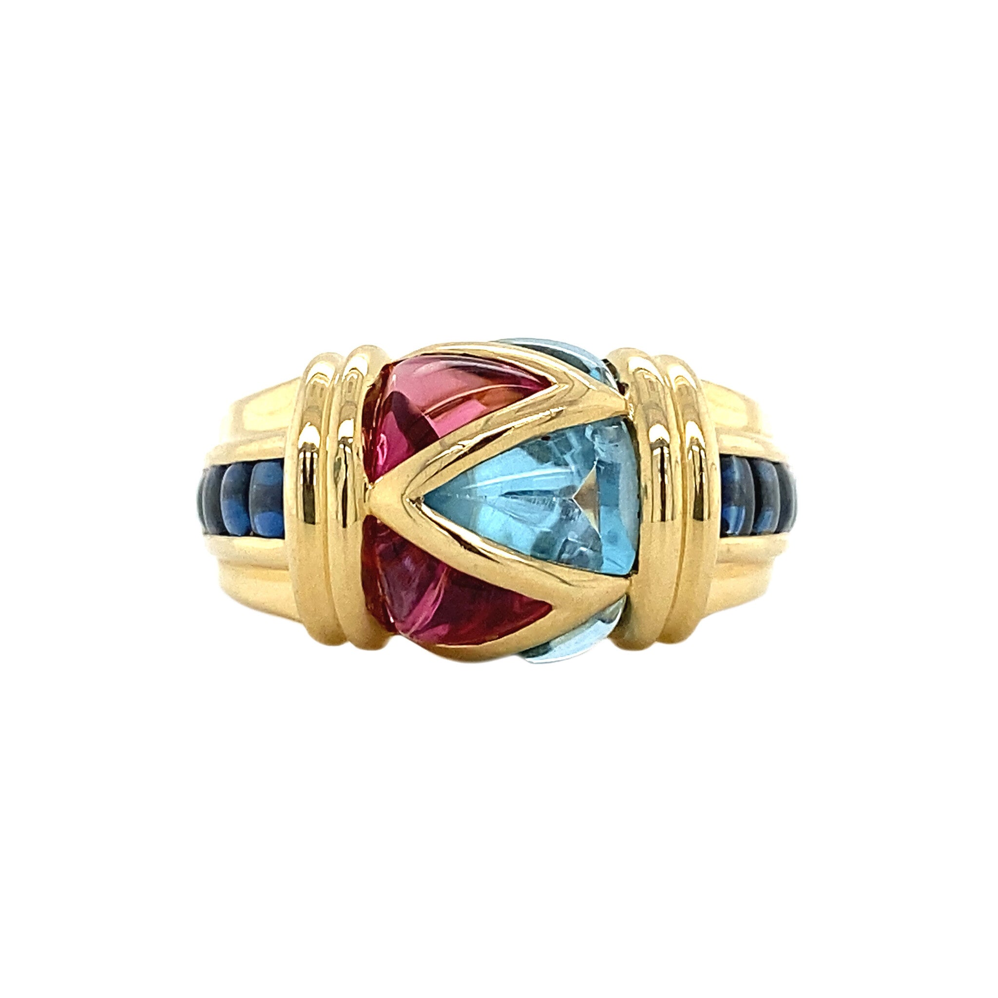 18 kt gold ring with sapphire and pink and blue topaz