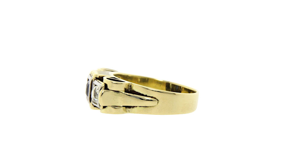 Gouden art deco ring met saffier en diamant 12 krt