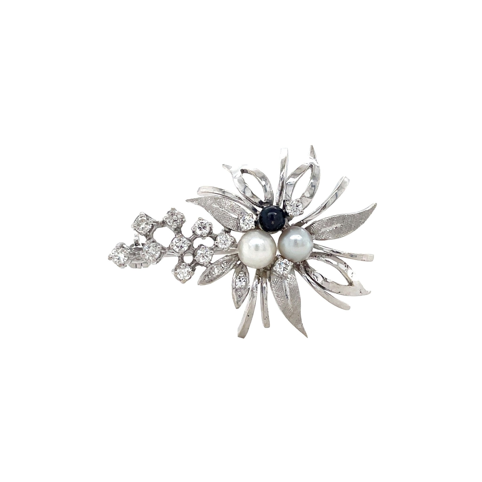 Witgouden vintage broche met parel, saffier en diamant 14 krt