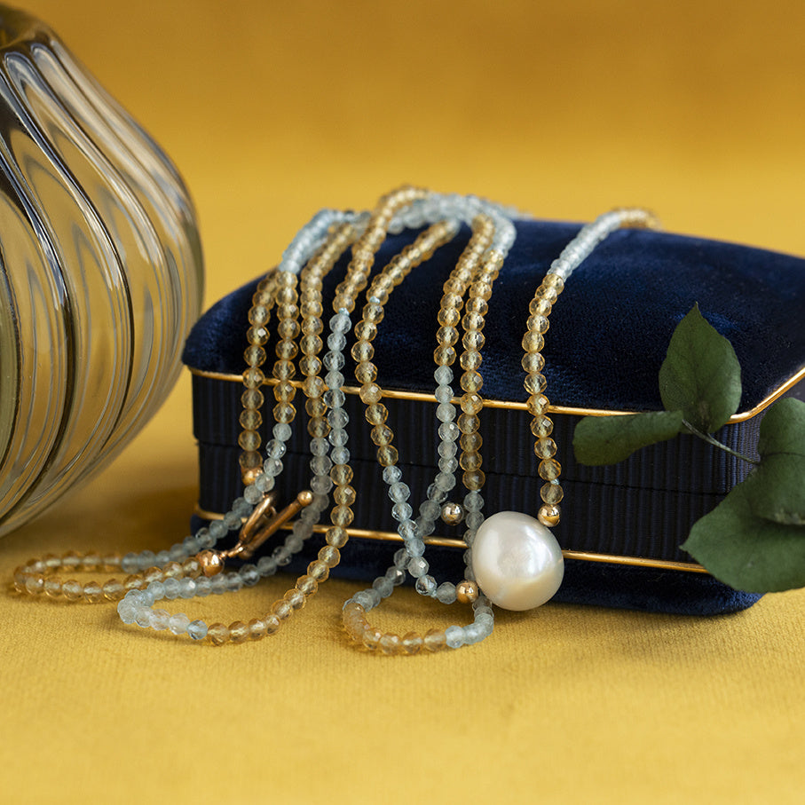 Vintage citrine and aquamarine necklace with pearl and decorative clasp