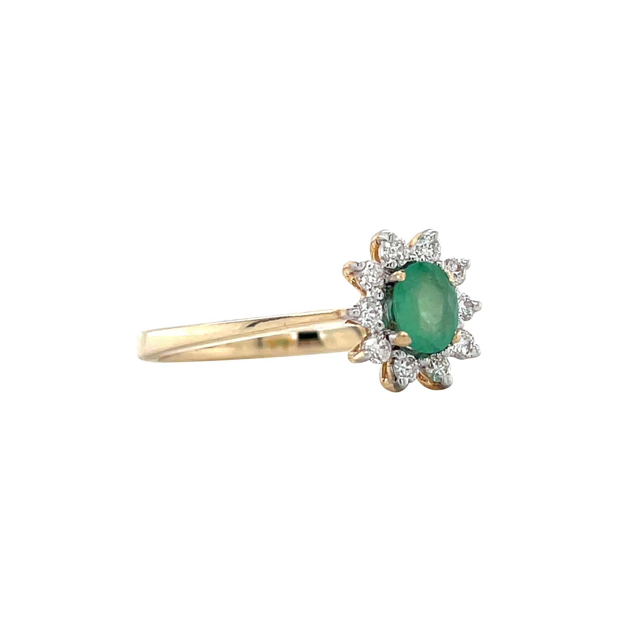 Gold vintage cluster ring with emerald and diamond, 14 kt