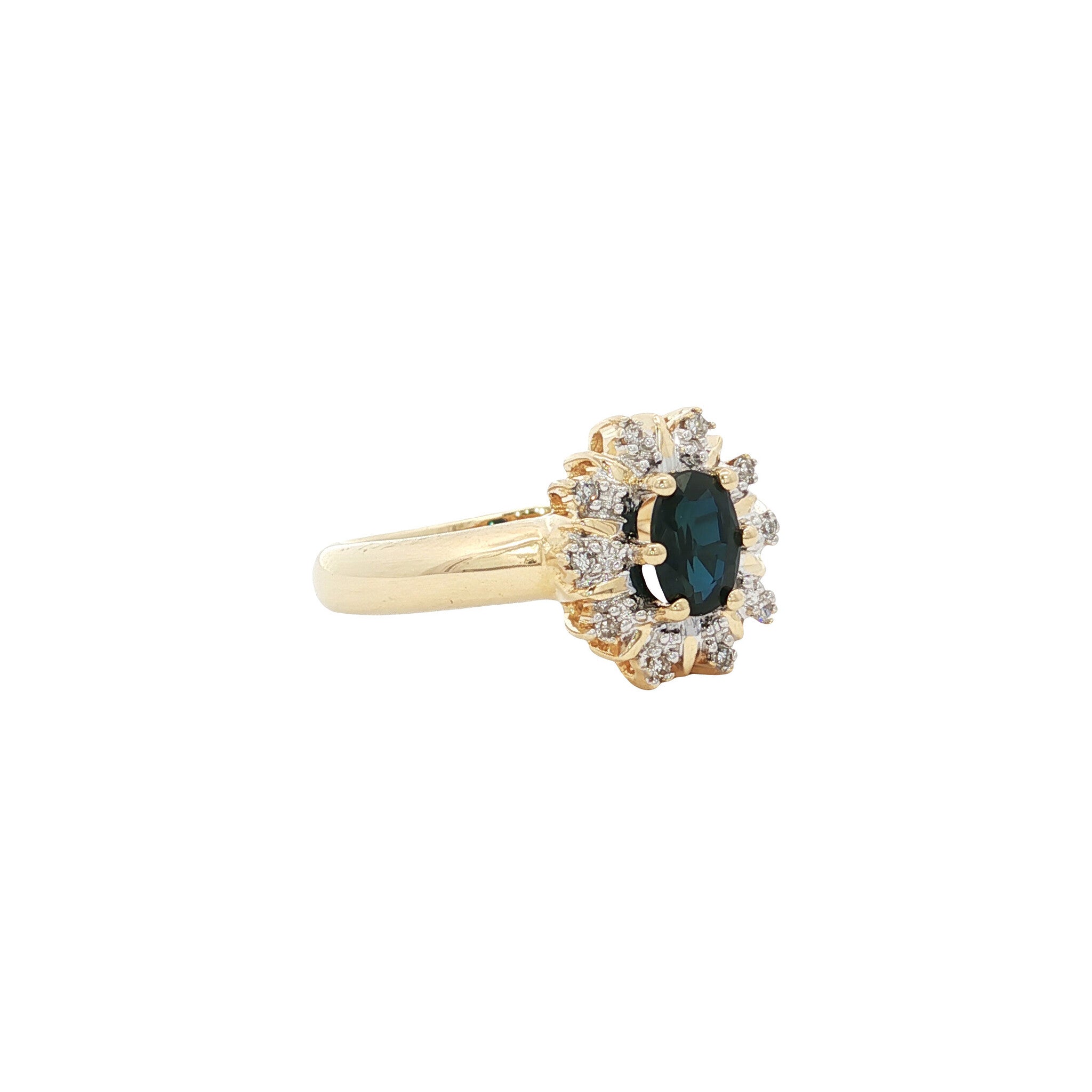 Gouden vintage entourage ring met saffier en diamant 14 kt
