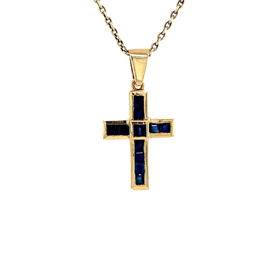 Vintage 18 kt gold cross pendant with sapphire
