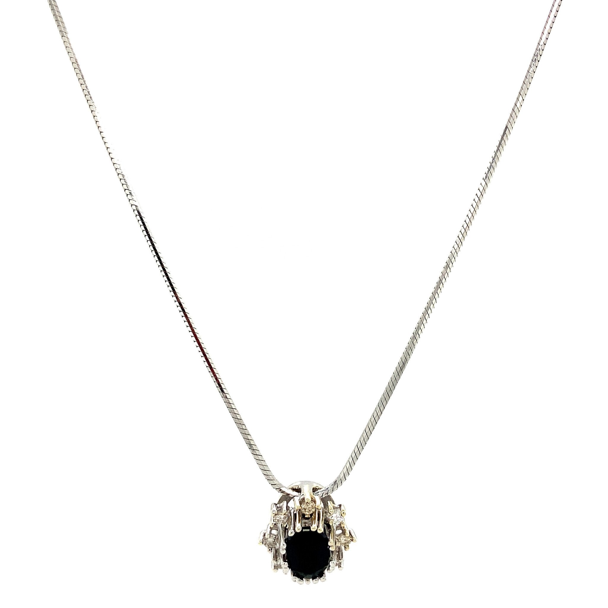 Witgouden collier slang met hanger met saffier en diamant 43 cm 14 krt