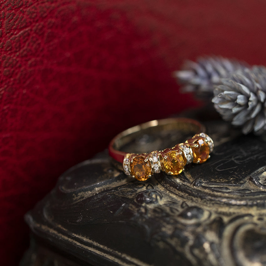 Gouden vintage ring met citrien, saffier en zirkonia 14 kt