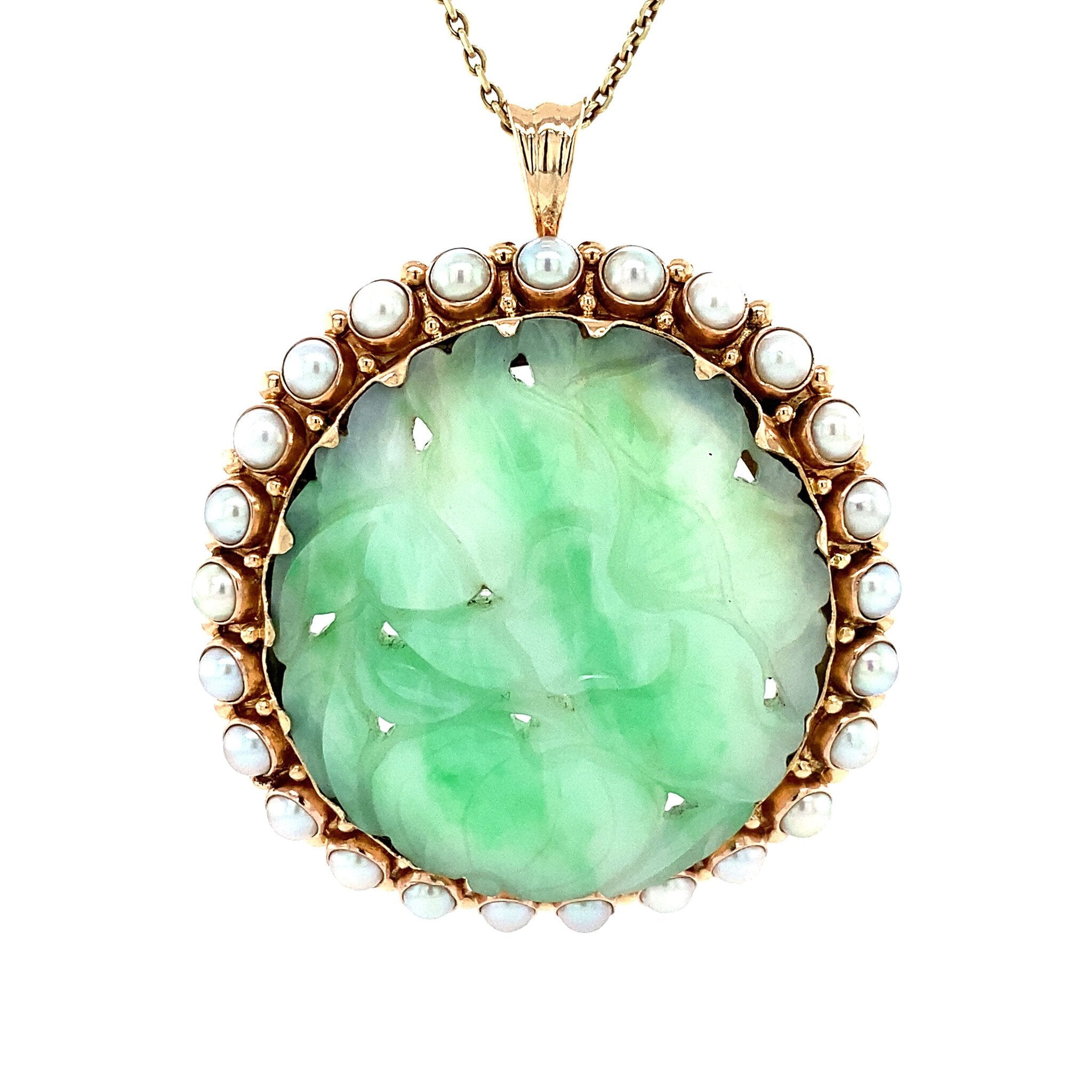 Gold pendant/brooch with jade and pearl 14 krt