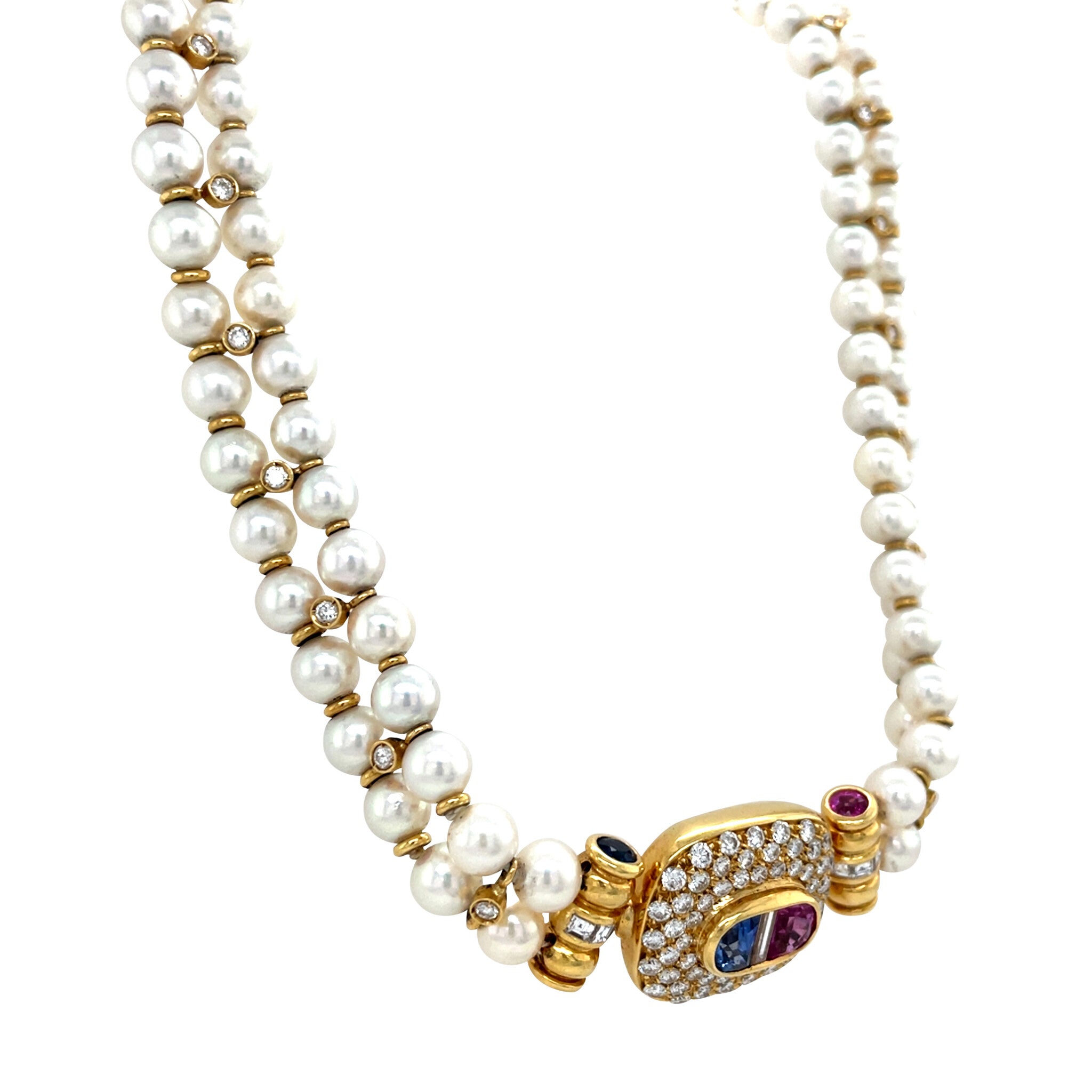 Vintage parel collier met gouden sluiting met saffier en diamant 18 kt