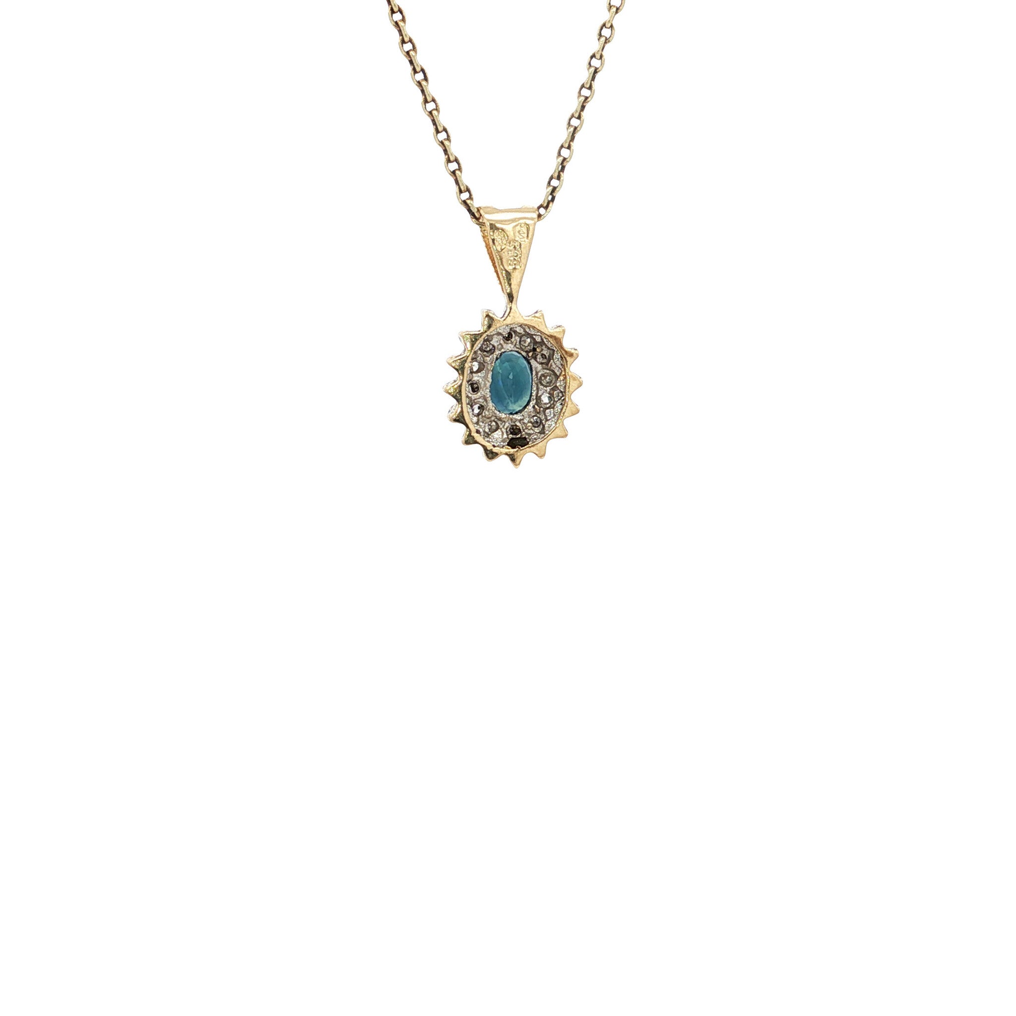 Gold vintage entourage pendant with sapphire and diamond 14 kt