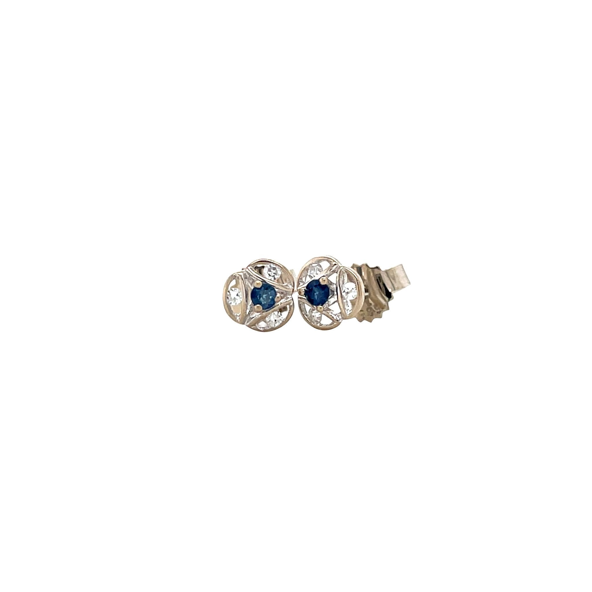 Vintage white gold stud earrings with sapphire and diamond, 14 kt