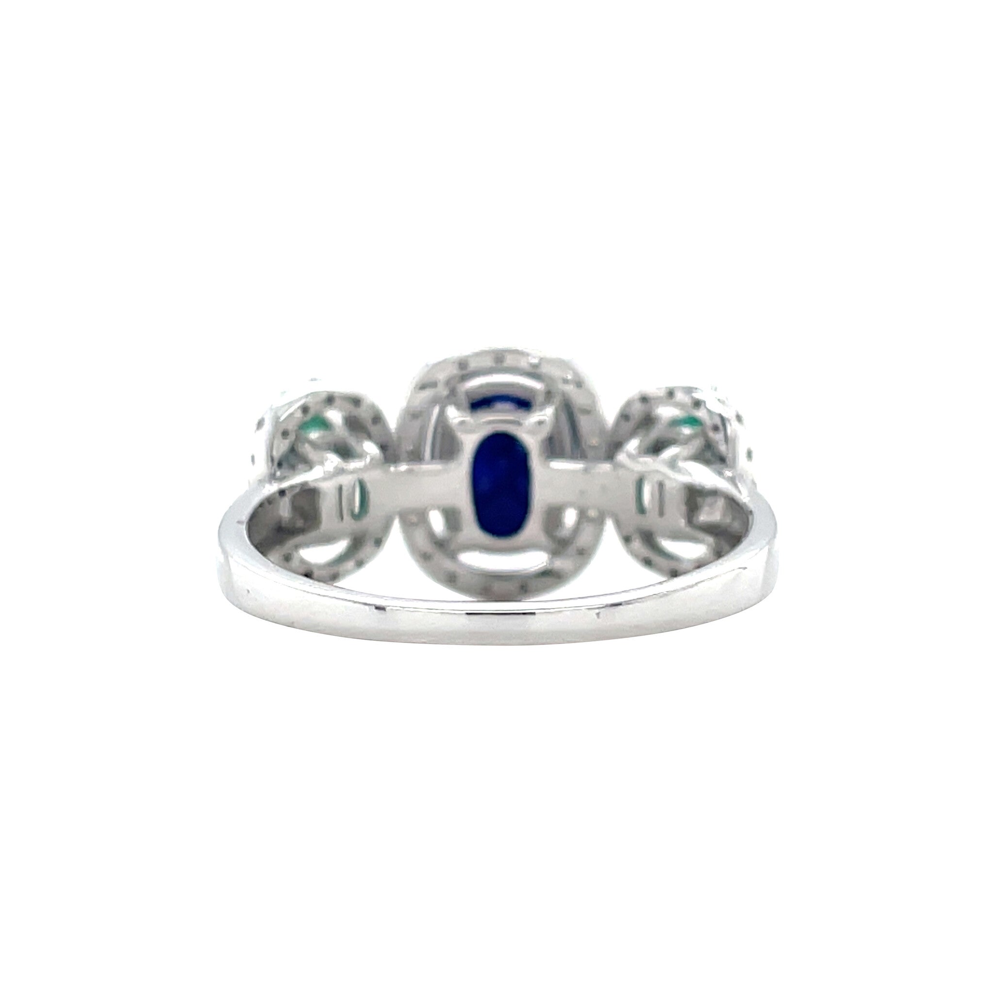 Witgouden vintage entourage ring met smaragd, saffier en diamant 14 krt