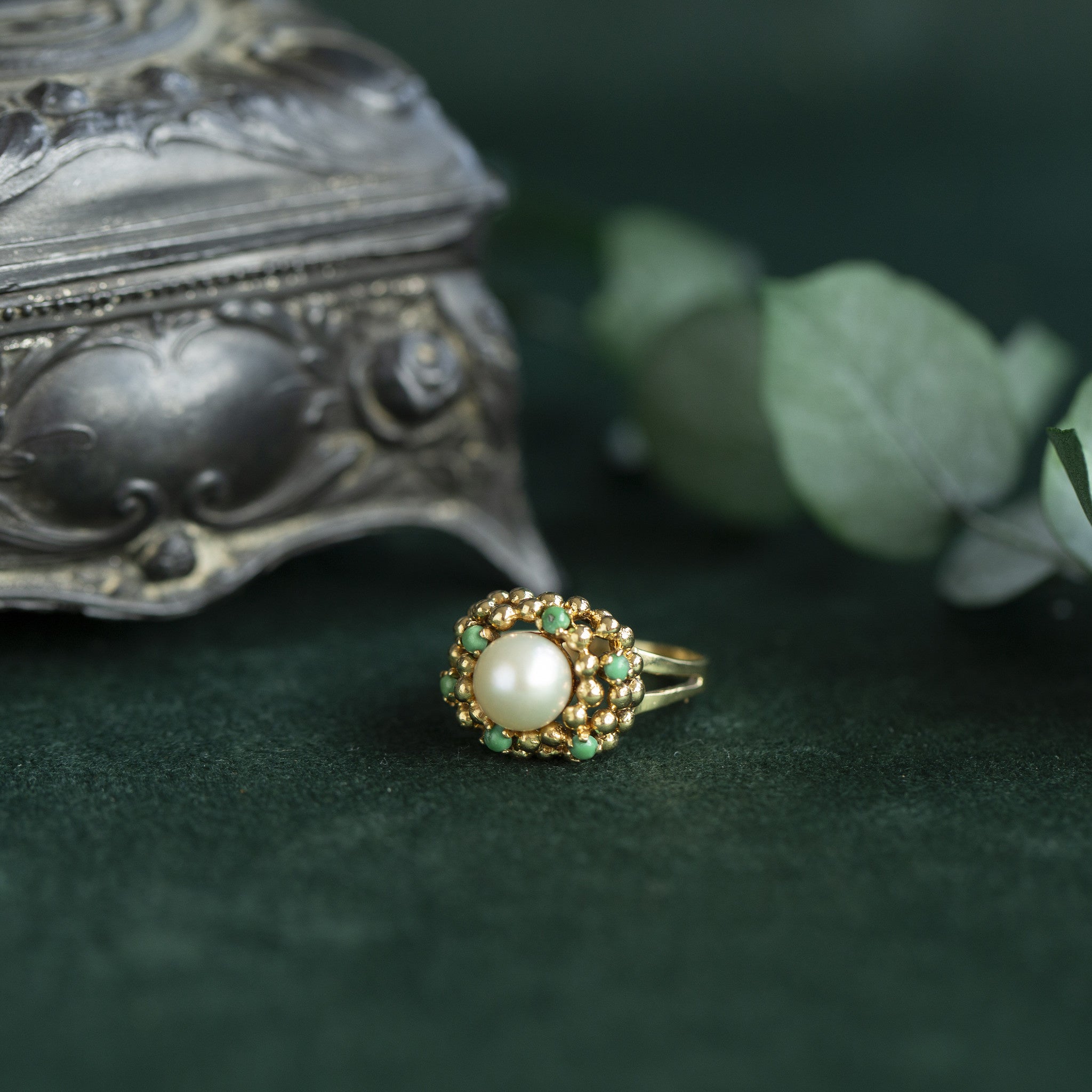 Gold ring with pearl and turquoise 18 kt