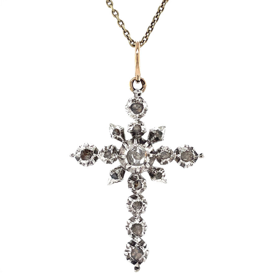 Zilveren vintage victoriaanse kruis hanger met roosdiamant 925/14 krt