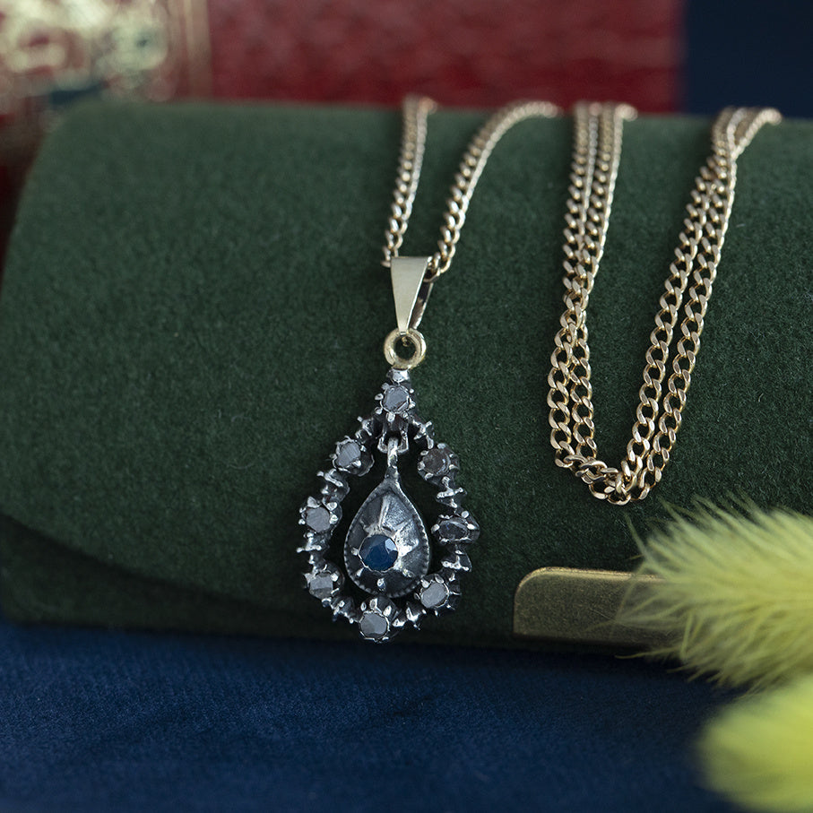 Gouden vintage hanger met saffier en roosdiamant 14 kt/925