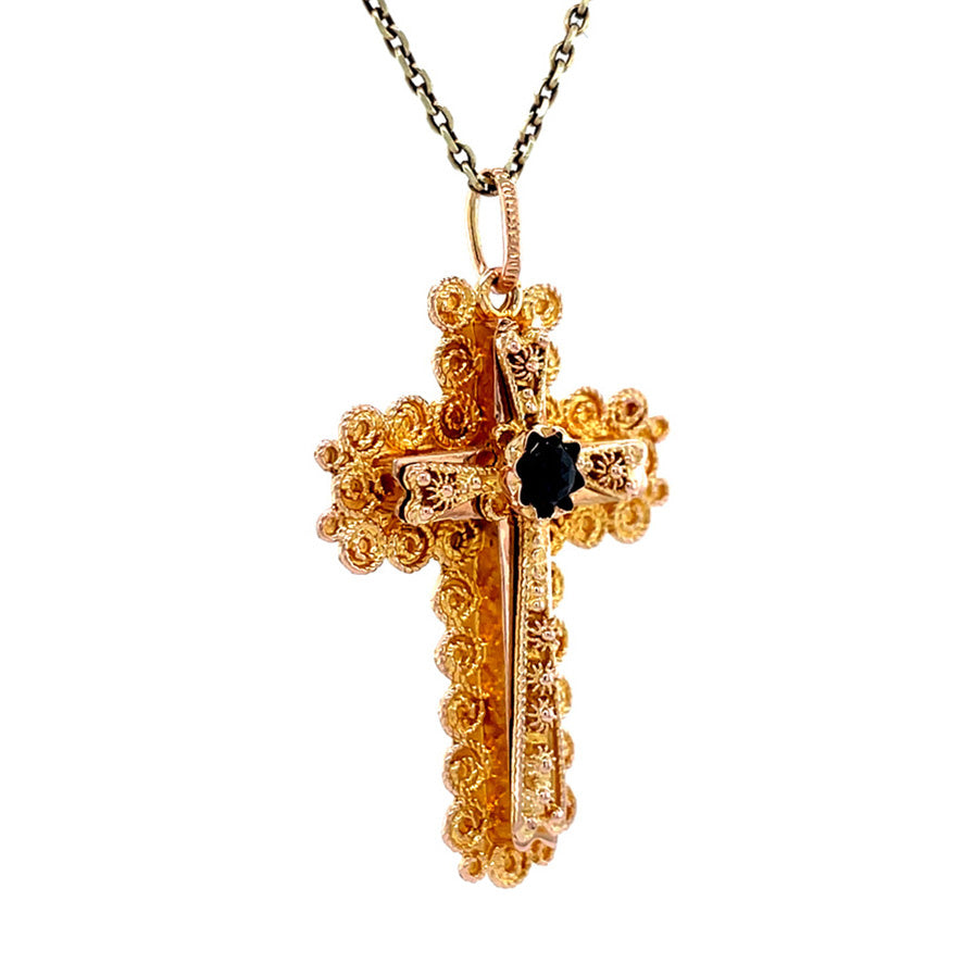 14 kt gold cross pendant with garnet