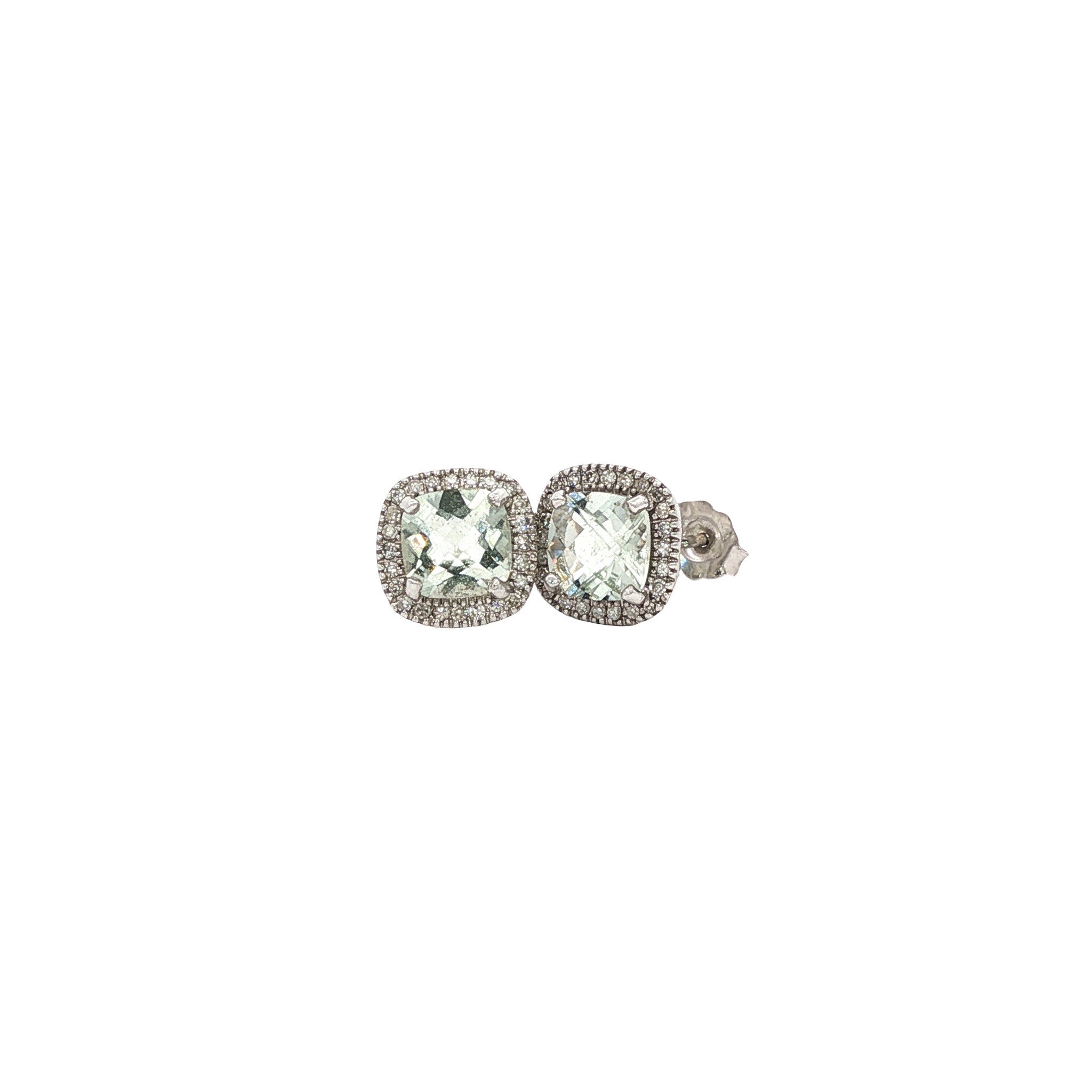 Vintage 14 kt white gold stud earrings with prasiolite and diamond.