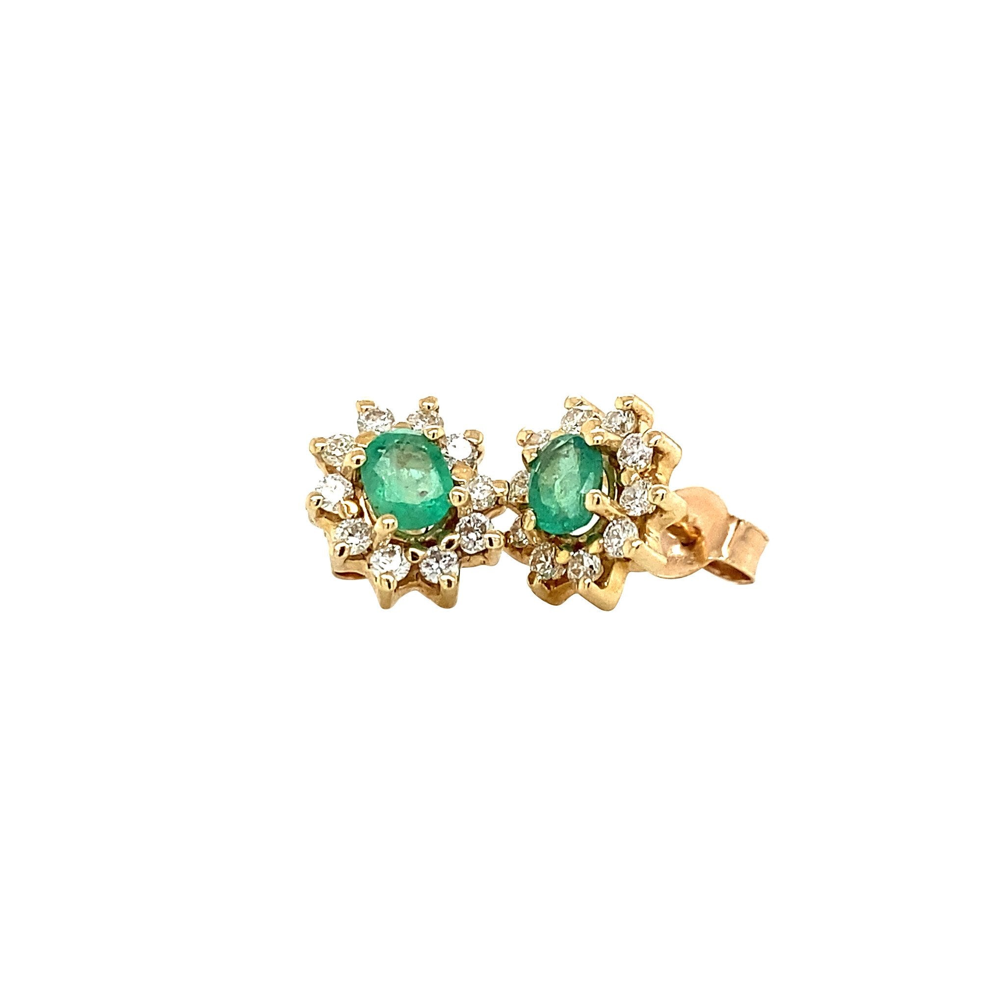 Gold entourage stud earrings with natural emerald and diamond 14 kt