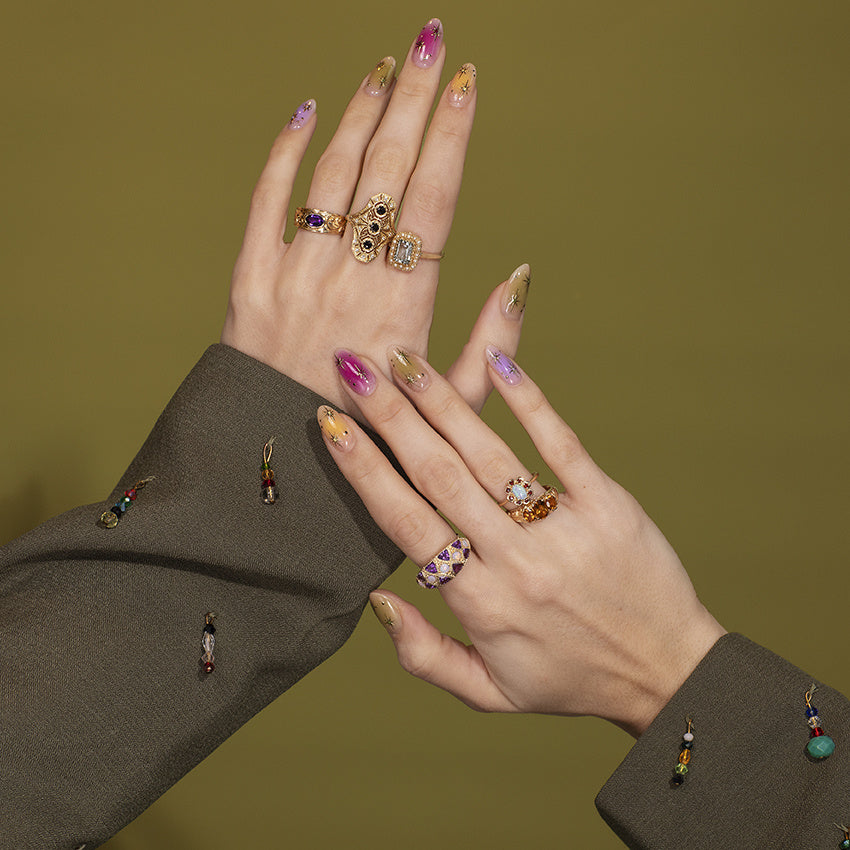 Gouden ring met opaal, smaragd en diamant 14 kt