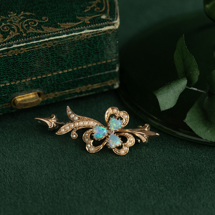 Roségouden vintage broche met opaal en parel 14 krt