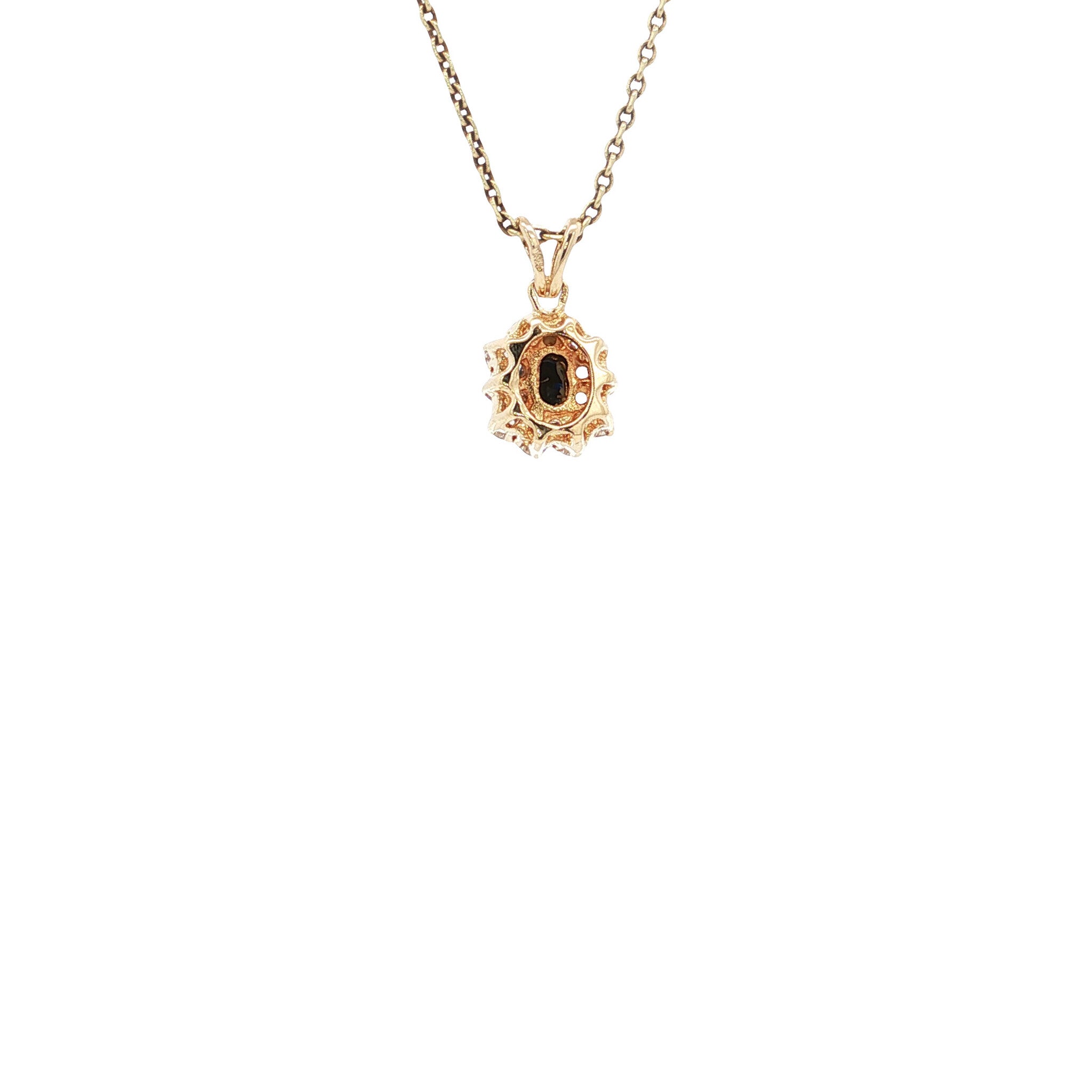 Gouden vintage entourage hanger met saffier en diamant 14 kt
